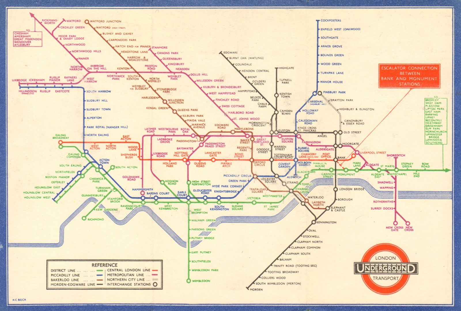 LONDON UNDERGROUND tube map plan diagram. Middle Circle. HARRY BECK #1 1936